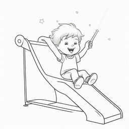 Two-dimensional, black and white drawing of a toddler with a magic wand sliding on a slide on a white background, designed for a colouring page.