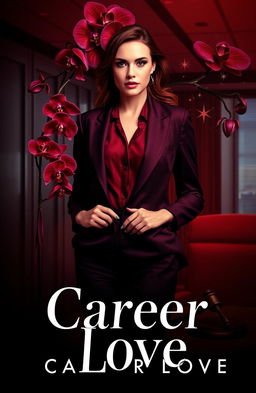 A captivating dark romance book cover titled 'Career Love', featuring a sophisticated lawyer, standing confidently in a sleek office setting