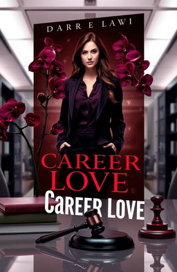 A captivating dark romance book cover titled 'Career Love', featuring a sophisticated lawyer, standing confidently in a sleek office setting