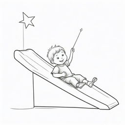 Two-dimensional, black and white drawing of a toddler with a magic wand sliding on a slide on a white background, designed for a colouring page.