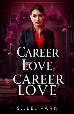 A captivating dark romance book cover titled 'Career Love', featuring a sophisticated lawyer, standing confidently in a sleek office setting