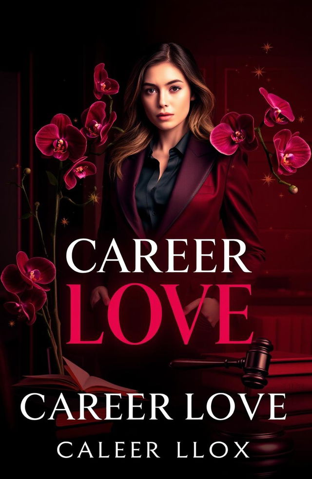 A captivating dark romance book cover titled 'Career Love', featuring a sophisticated lawyer, standing confidently in a sleek office setting