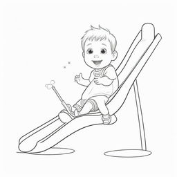 Two-dimensional, black and white drawing of a toddler with a magic wand sliding on a slide on a white background, designed for a colouring page.