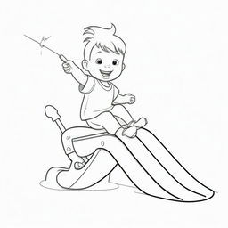 Two-dimensional, black and white drawing of a toddler with a magic wand sliding on a slide on a white background, designed for a colouring page.