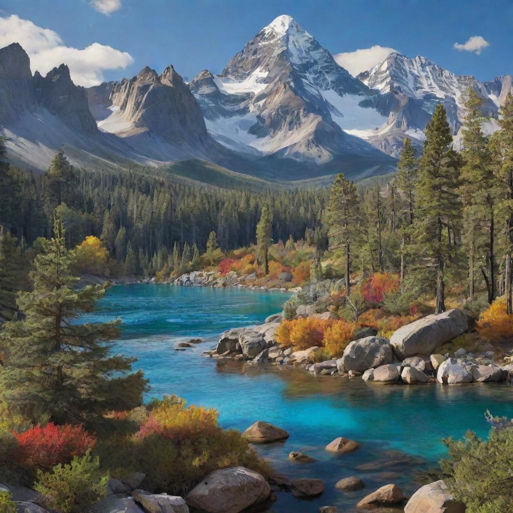 Create an HD picture in a modern style that portrays all the Earth's treasures. Incorporate various elements like lively forests, thriving ocean life, majestic mountains, expansive deserts, diverse wildlife, and a multitude of humans harmoniously existing within this natural splendor.