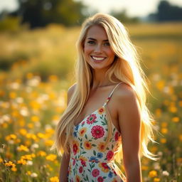 A stunning blonde woman with long flowing hair, wearing a stylish summer dress adorned with colorful floral patterns, standing in a sunny field filled with wildflowers, her smile bright and engaging, while soft sunlight gently illuminates her face and hair, creating a warm and inviting atmosphere