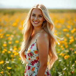 A stunning blonde woman with long flowing hair, wearing a stylish summer dress adorned with colorful floral patterns, standing in a sunny field filled with wildflowers, her smile bright and engaging, while soft sunlight gently illuminates her face and hair, creating a warm and inviting atmosphere