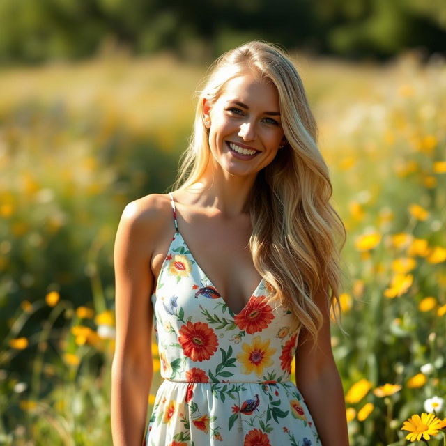 A stunning blonde woman with long flowing hair, wearing a stylish summer dress adorned with colorful floral patterns, standing in a sunny field filled with wildflowers, her smile bright and engaging, while soft sunlight gently illuminates her face and hair, creating a warm and inviting atmosphere