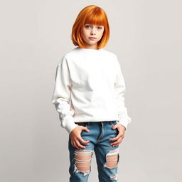A cute and confident 21-year-old girl with shoulder-length orange hair, wearing a stylish white sweatshirt and ripped long jeans that add a trendy edge to her look