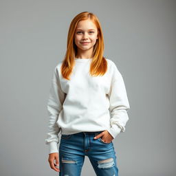 A cute and confident 21-year-old girl with shoulder-length orange hair, wearing a stylish white sweatshirt and ripped long jeans that add a trendy edge to her look