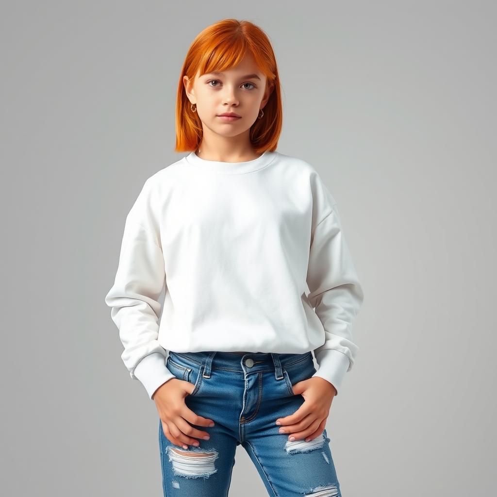 A cute and confident 21-year-old girl with shoulder-length orange hair, wearing a stylish white sweatshirt and ripped long jeans that add a trendy edge to her look