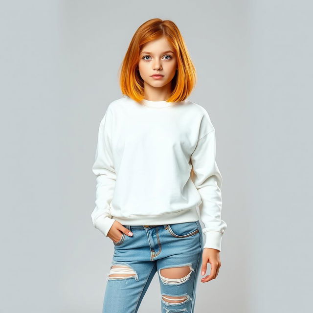 A cute and confident 21-year-old girl with shoulder-length orange hair, wearing a stylish white sweatshirt and ripped long jeans that add a trendy edge to her look