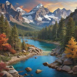 Create an HD picture in a modern style that portrays all the Earth's treasures. Incorporate various elements like lively forests, thriving ocean life, majestic mountains, expansive deserts, diverse wildlife, and a multitude of humans harmoniously existing within this natural splendor.