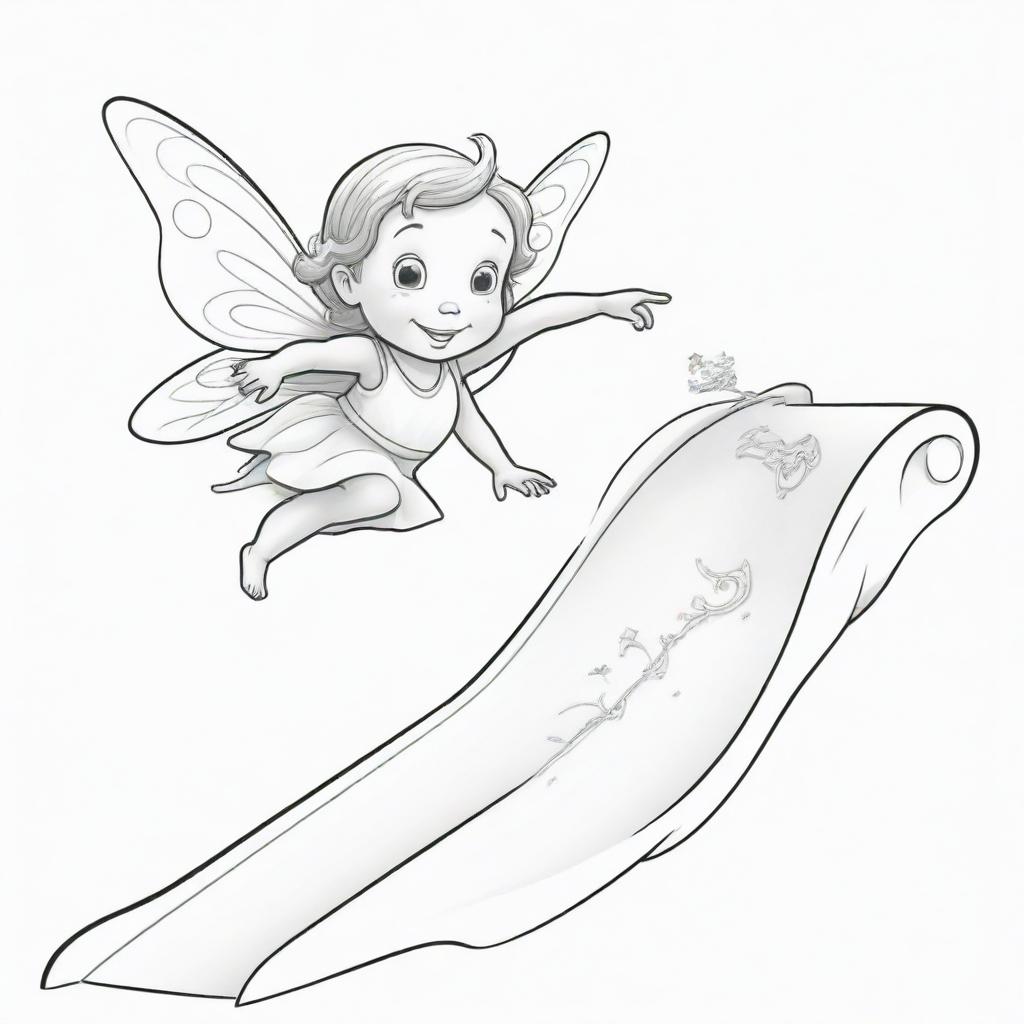 Two-dimensional, black and white cartoon illustration of a toddler fairy with a magic wand sliding down a slide on a white background, designed for a colouring page.