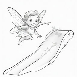 Two-dimensional, black and white cartoon illustration of a toddler fairy with a magic wand sliding down a slide on a white background, designed for a colouring page.