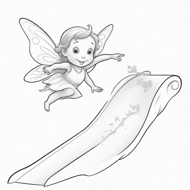 Two-dimensional, black and white cartoon illustration of a toddler fairy with a magic wand sliding down a slide on a white background, designed for a colouring page.