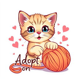 A cute and playful shelter kitten featured prominently on the front of the t-shirt, with big sparkling eyes and soft fur, playfully pawing at a colorful yarn ball