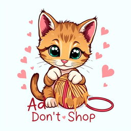 A cute and playful shelter kitten featured prominently on the front of the t-shirt, with big sparkling eyes and soft fur, playfully pawing at a colorful yarn ball