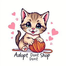 A cute and playful shelter kitten featured prominently on the front of the t-shirt, with big sparkling eyes and soft fur, playfully pawing at a colorful yarn ball