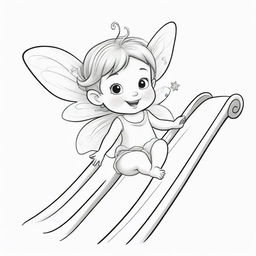 Two-dimensional, black and white cartoon illustration of a toddler fairy with a magic wand sliding down a slide on a white background, designed for a colouring page.