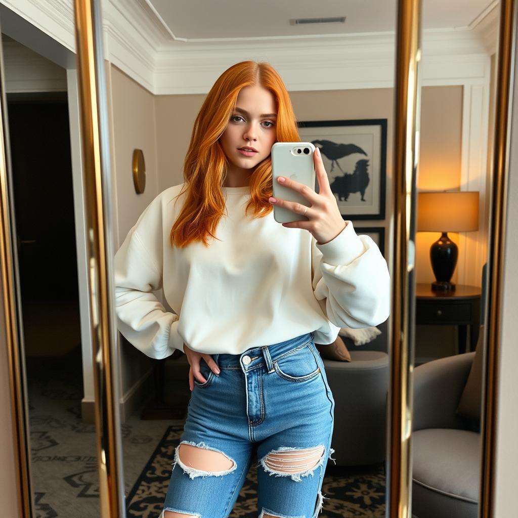 A confident 21-year-old girl with shoulder-length orange hair, exuding a dominant presence, wearing a cozy white sweatshirt and trendy ripped long jeans