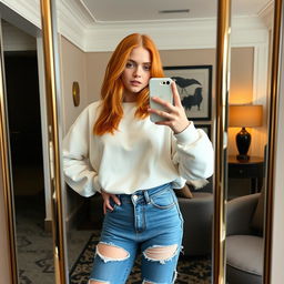 A confident 21-year-old girl with shoulder-length orange hair, exuding a dominant presence, wearing a cozy white sweatshirt and trendy ripped long jeans