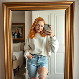 A confident 21-year-old girl with shoulder-length orange hair, exuding a dominant presence, wearing a cozy white sweatshirt and trendy ripped long jeans