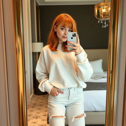 A confident 21-year-old girl with shoulder-length orange hair, exuding a dominant presence, wearing a cozy white sweatshirt and trendy ripped long jeans