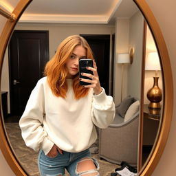 A confident 21-year-old girl with shoulder-length orange hair, exuding a dominant presence, wearing a cozy white sweatshirt and trendy ripped long jeans