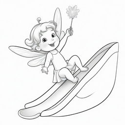 Two-dimensional, black and white cartoon illustration of a toddler fairy with a magic wand sliding down a slide on a white background, designed for a colouring page.