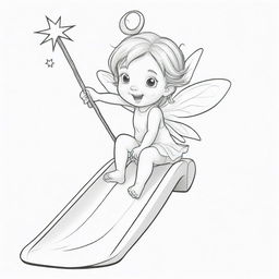 Two-dimensional, black and white cartoon illustration of a toddler fairy with a magic wand sliding down a slide on a white background, designed for a colouring page.