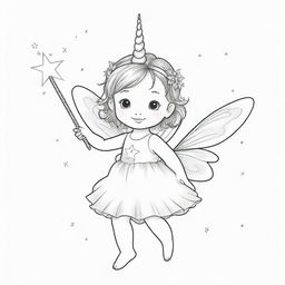 Two-dimensional, black and white drawing of a toddler fairy with a magic wand and a unicorn on a white background, designed for a colouring page.