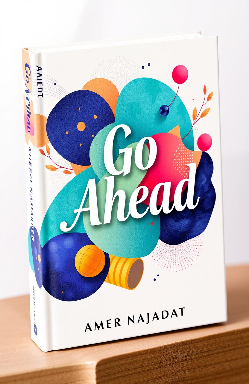 A beautifully designed book cover for 'Go Ahead' by Amer Najadat, featuring vibrant and artistic shapes and images