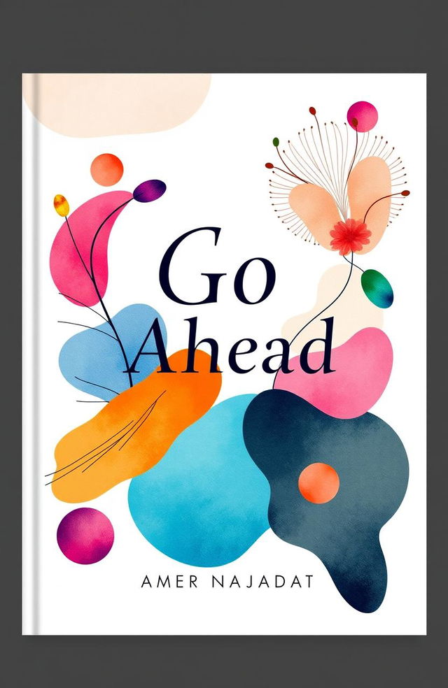 A beautifully designed book cover for 'Go Ahead' by Amer Najadat, featuring vibrant and artistic shapes and images