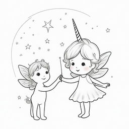 Two-dimensional, black and white drawing of a toddler fairy with a magic wand and a unicorn on a white background, designed for a colouring page.