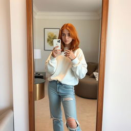 A dominant 21-year-old girl with shoulder-length orange hair, confidently posing while taking a selfie with her iPhone 15 in a stylish hotel mirror