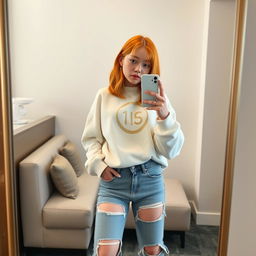 A dominant 21-year-old girl with shoulder-length orange hair, confidently posing while taking a selfie with her iPhone 15 in a stylish hotel mirror