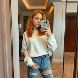 A dominant 21-year-old girl with shoulder-length orange hair, confidently posing while taking a selfie with her iPhone 15 in a stylish hotel mirror