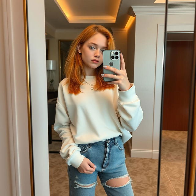 A dominant 21-year-old girl with shoulder-length orange hair, confidently posing while taking a selfie with her iPhone 15 in a stylish hotel mirror