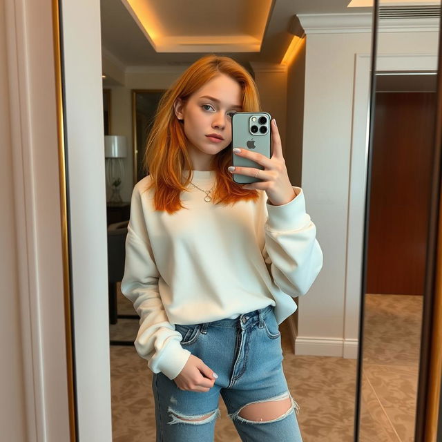 A dominant 21-year-old girl with shoulder-length orange hair, confidently posing while taking a selfie with her iPhone 15 in a stylish hotel mirror