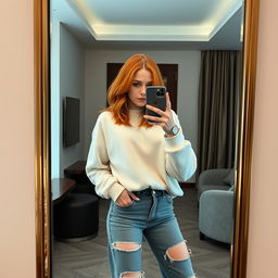 A dominant 21-year-old girl with shoulder-length orange hair, confidently posing while taking a selfie with her iPhone 15 in a stylish hotel mirror