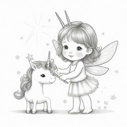 Two-dimensional, black and white drawing of a toddler fairy with a magic wand and a unicorn on a white background, designed for a colouring page.