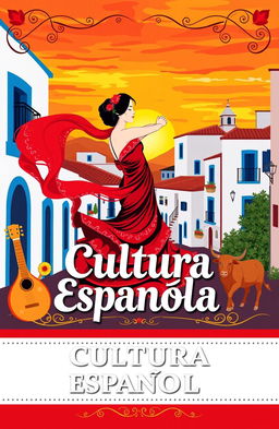 A vibrant and colorful cover page design for a project on Spanish culture titled 'Cultura Española'