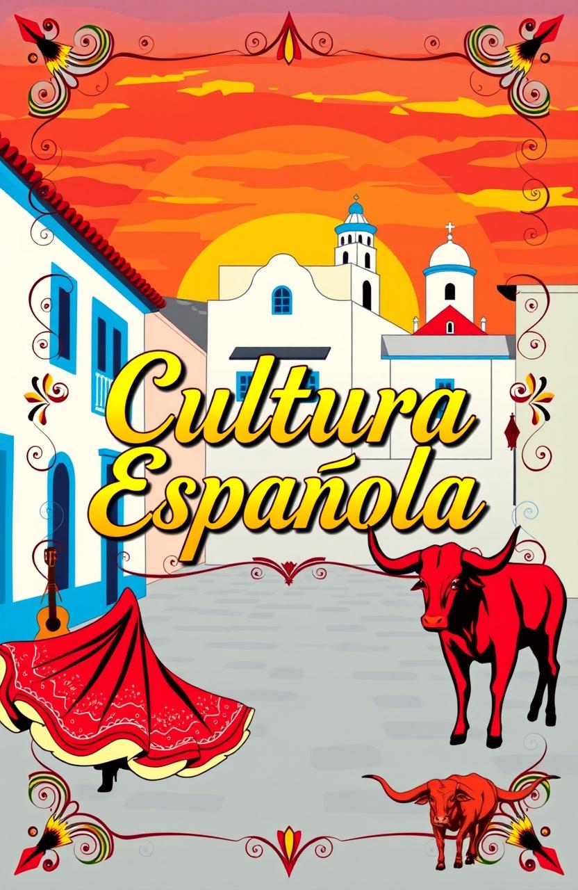 A vibrant and colorful cover page design for a project on Spanish culture titled 'Cultura Española'