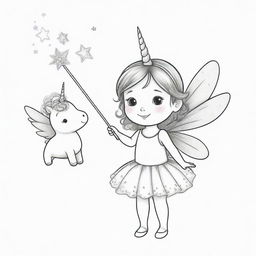 Two-dimensional, black and white drawing of a toddler fairy with a magic wand and a unicorn on a white background, designed for a colouring page.