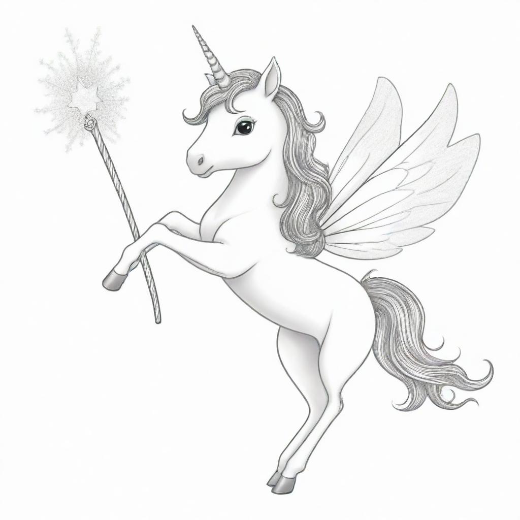 Two-dimensional, black and white drawing of a fairy unicorn with a magic wand on a white background, designed for a colouring page.