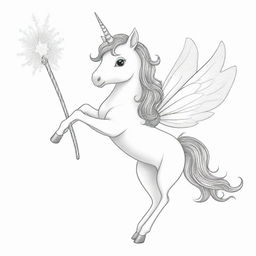 Two-dimensional, black and white drawing of a fairy unicorn with a magic wand on a white background, designed for a colouring page.