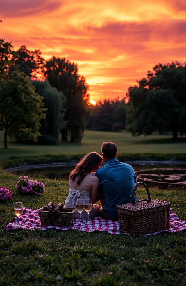 A romantic park scene during sunset, showcasing a vibrant sky filled with hues of orange, purple, and pink