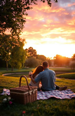 A romantic park scene during sunset, showcasing a vibrant sky filled with hues of orange, purple, and pink