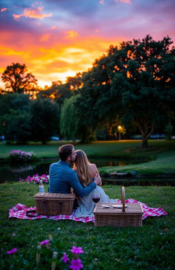 A romantic park scene during sunset, showcasing a vibrant sky filled with hues of orange, purple, and pink